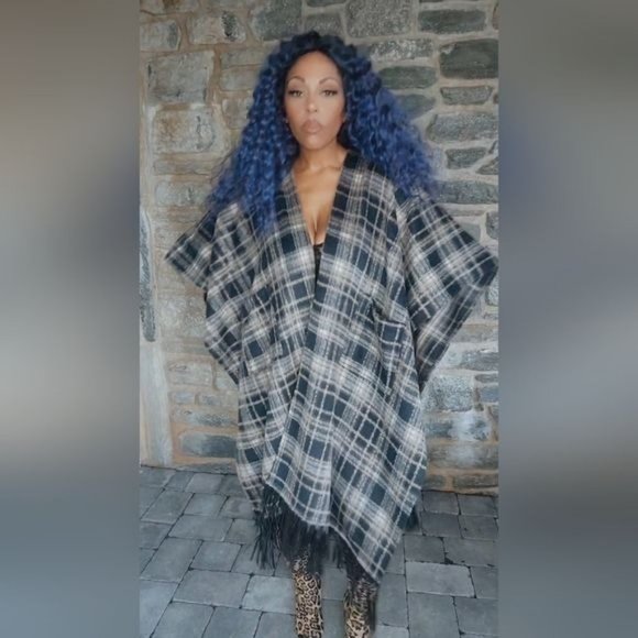 Miz Native Plaid Vegan Fringe Poncho - Picture 14 of 17